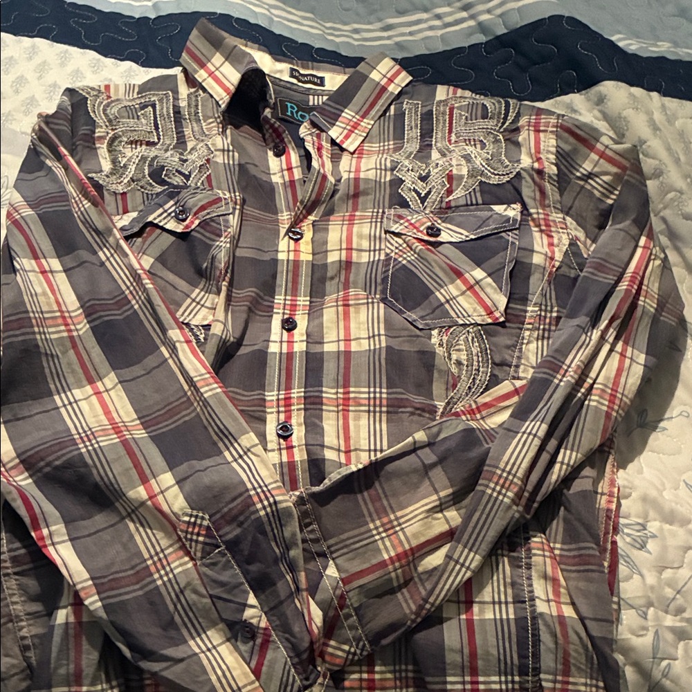 Roar Men's Embroidered Plaid Shirt - Blue, Red, and White